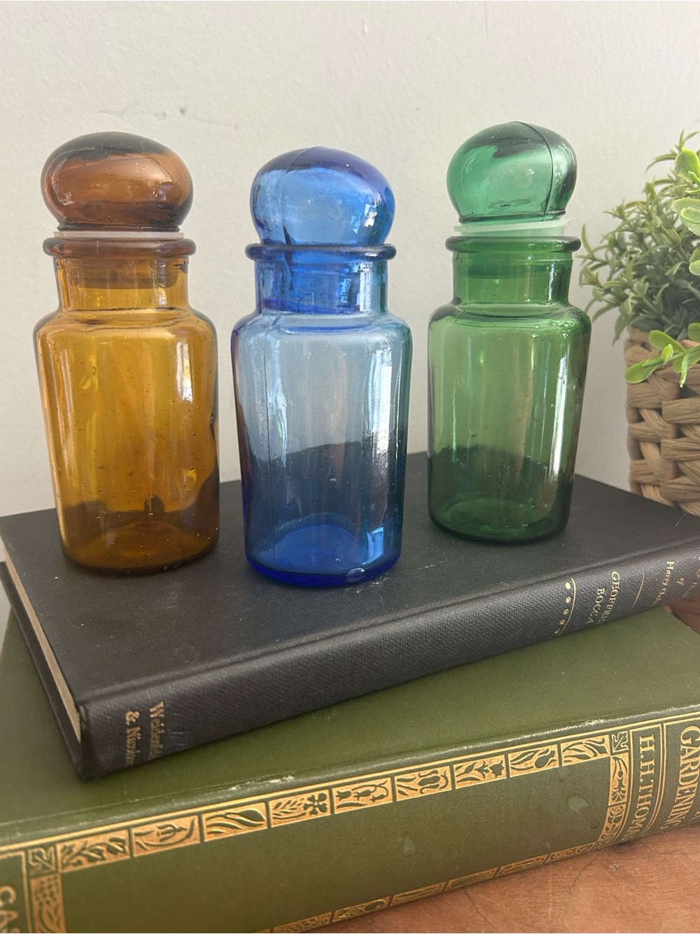 Glass Apothecary Bottles Amber, Cobalt Blue, Green Bubble Top Lid qty3 MCM 5”H